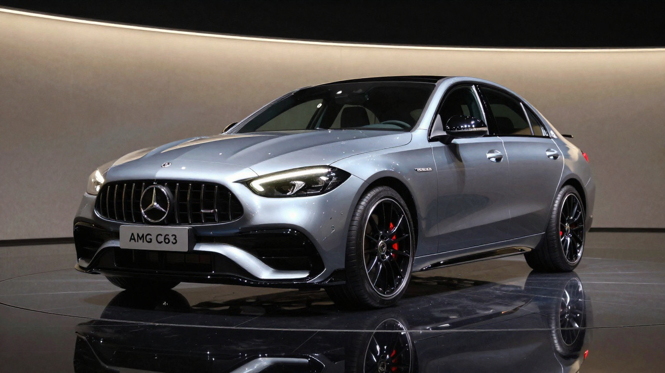 Silver Mercedes-AMG C63 sedan with black grille and sporty wheels displayed on reflective floor.
