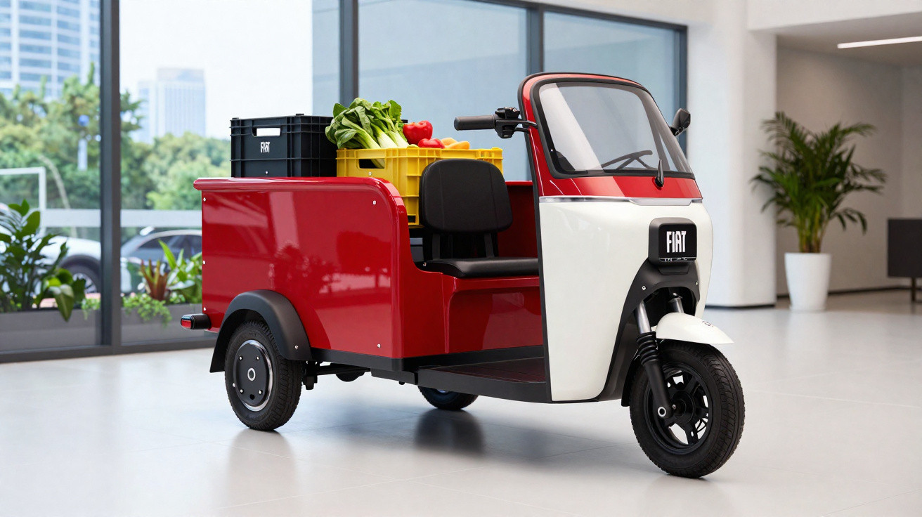 Red and white three-wheeled electric delivery vehicle with crates of vegetables parked indoors.