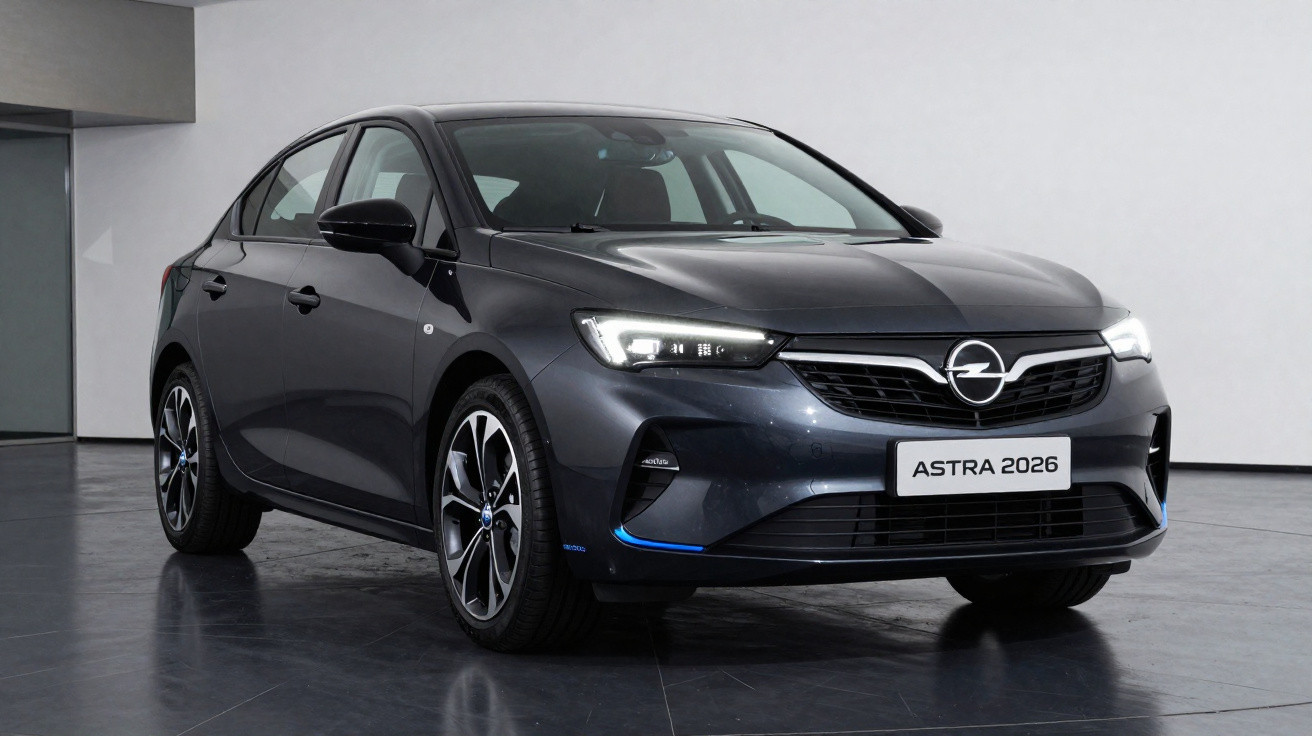2026 grey Opel Astra hatchback car displayed indoors on a dark floor against a white wall background.