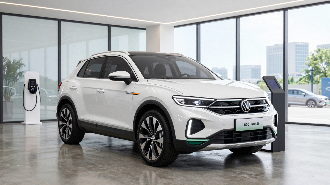 White Volkswagen T-Roc Hybrid SUV parked indoors with charging station and city buildings visible outside.