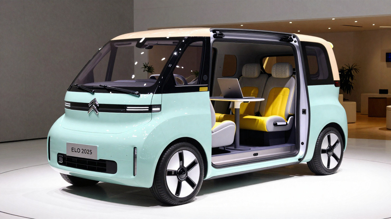 Compact mint green and cream electric concept car with sliding door open, showing yellow and grey seats and table inside.