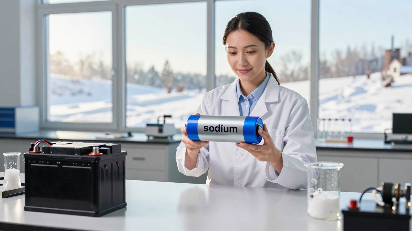 Scientist in a lab coat holding a blue sodium battery in a bright laboratory with snowy windows.
