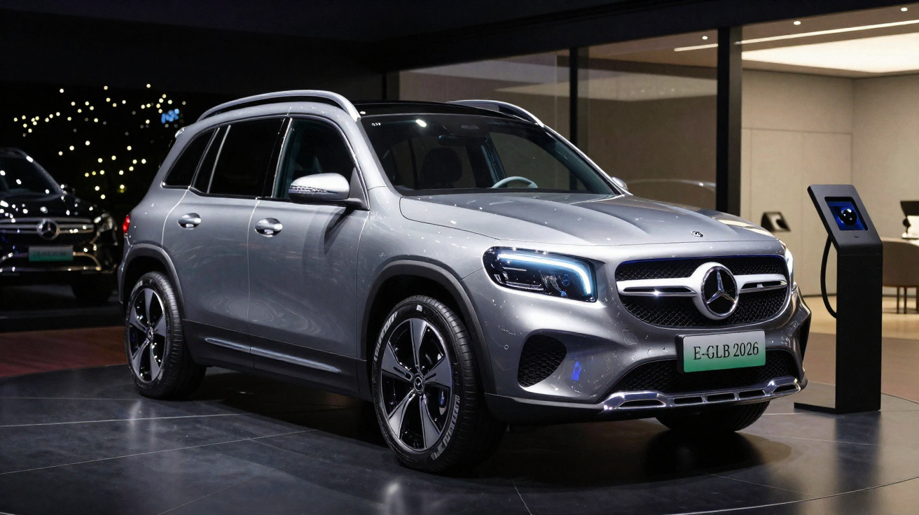 Silver Mercedes-Benz E-GLB 2026 electric SUV displayed indoors with illuminated headlights and sleek design.