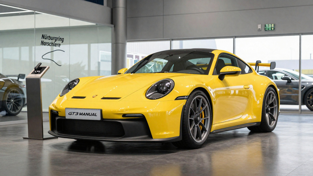 Yellow Porsche 911 GT3 manual sports car displayed indoors on showroom floor with Nürburgring sign in background.