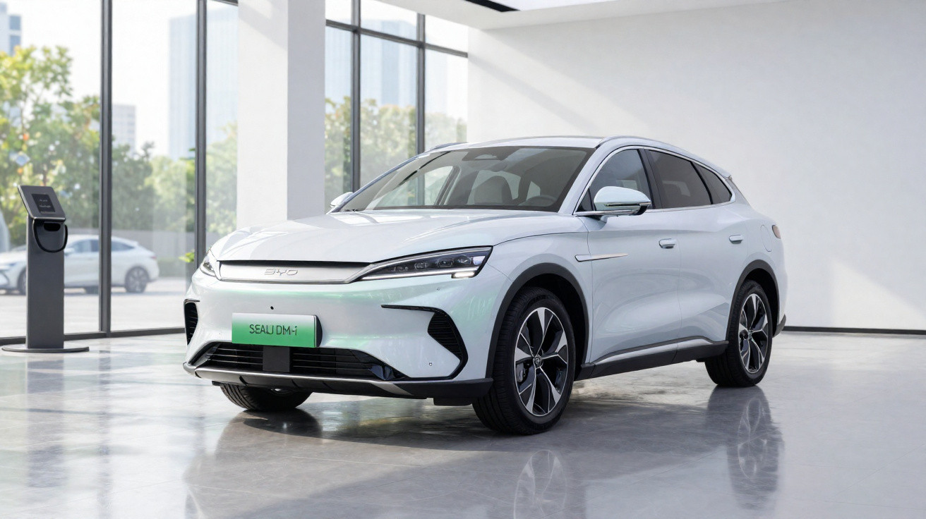 White BYD Seal DM-i electric car parked indoors near charging station with large windows and natural light.
