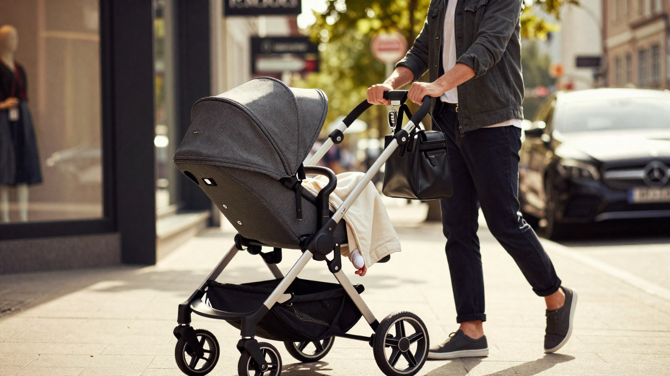 Person pushing a modern grey baby stroller on a city sidewalk near parked cars and shops.