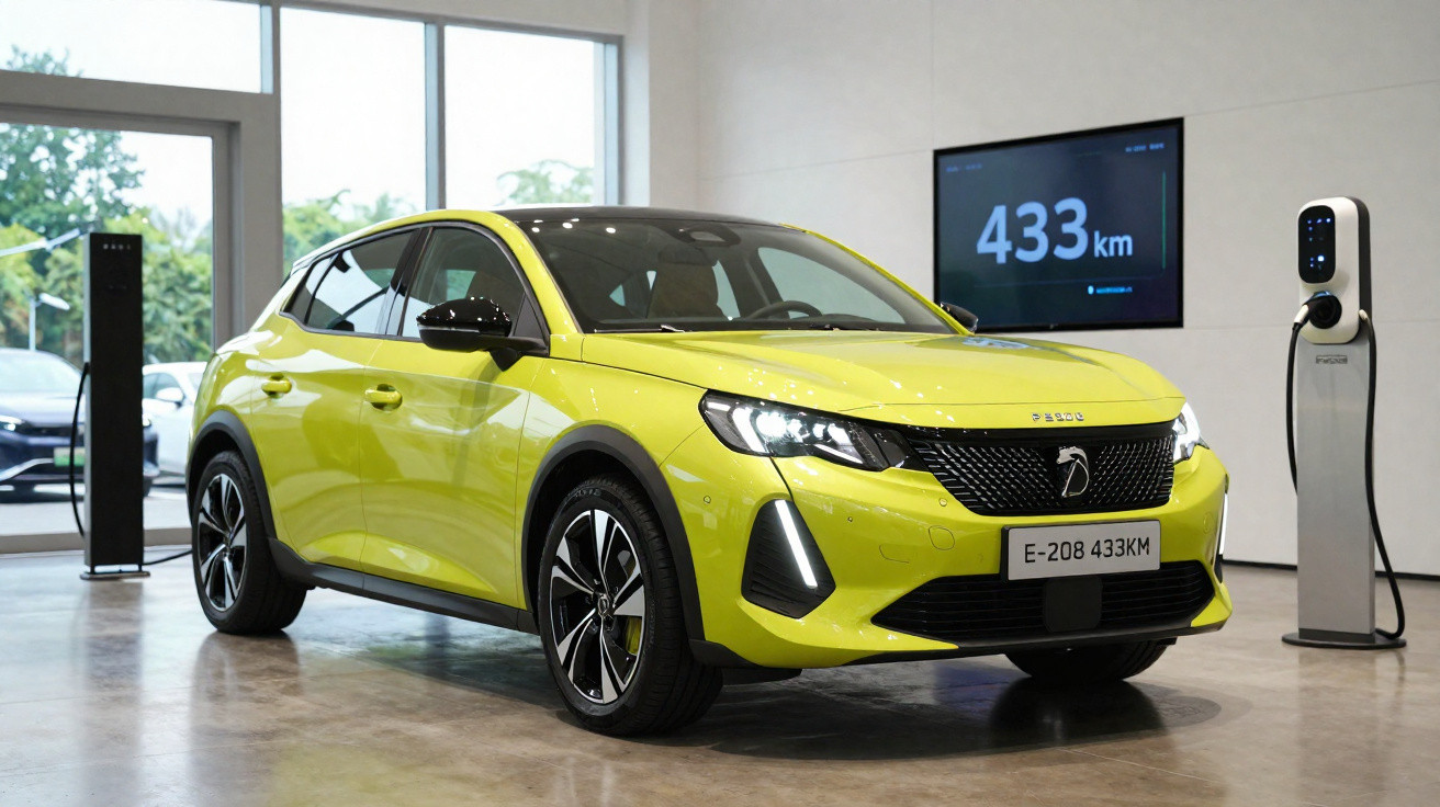 Bright yellow electric car displayed indoors beside a charging station showing a 433 km range on screen.