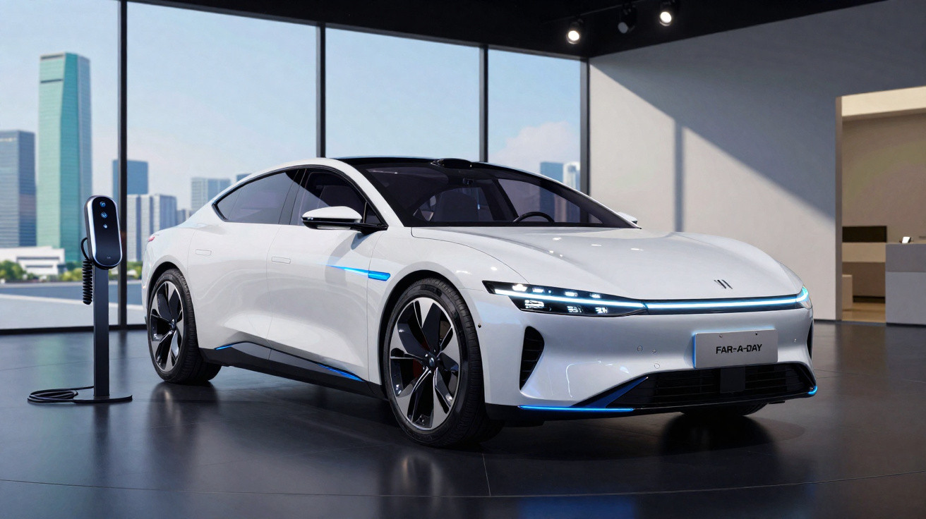 White electric sports sedan with sleek design and blue LED accents displayed in a modern showroom.