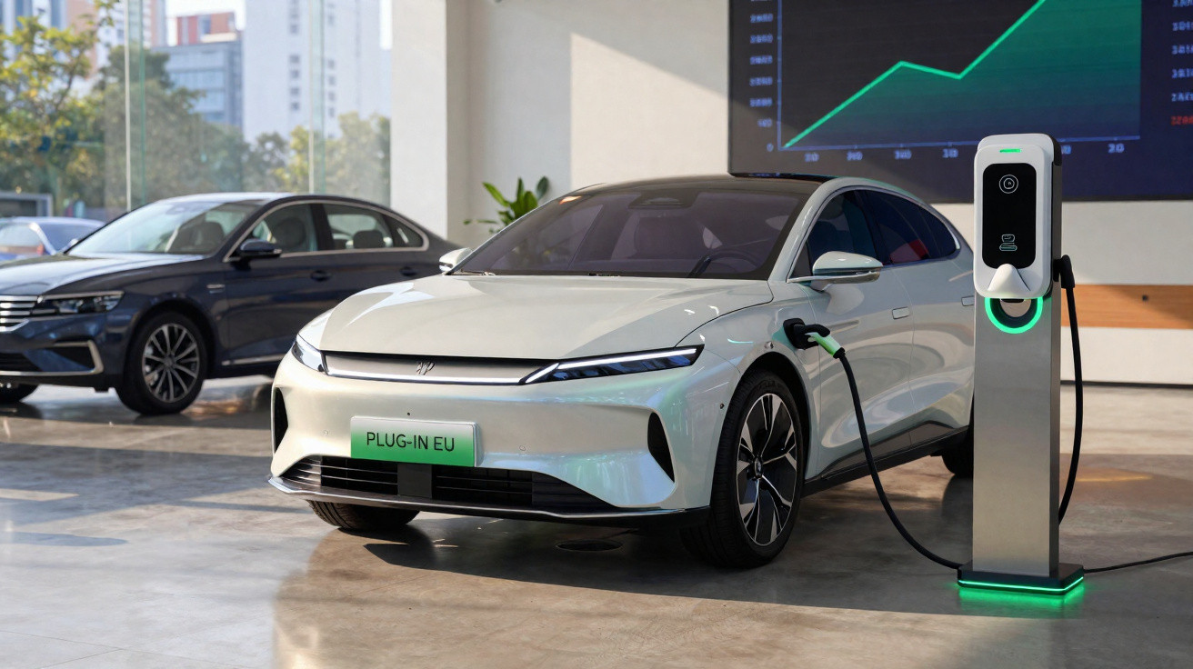 White electric car charging at a station inside a modern showroom with other vehicles and a digital graph screen.
