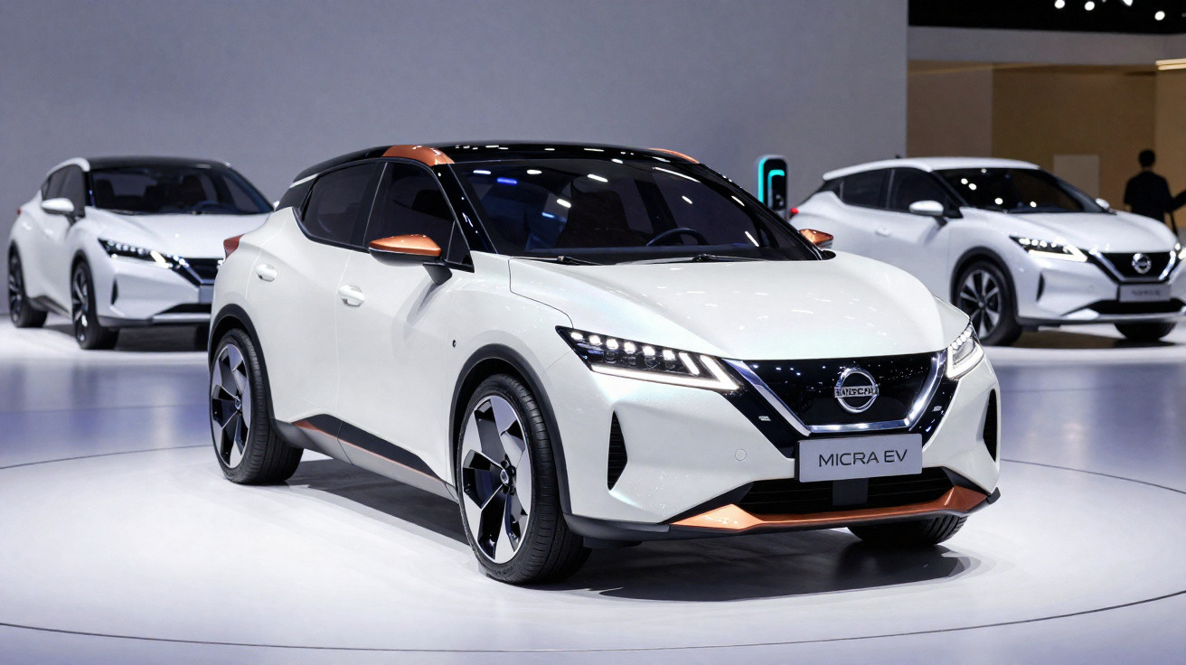 White Nissan Micra EV cars on display in a showroom with a grey background and spotlighting.