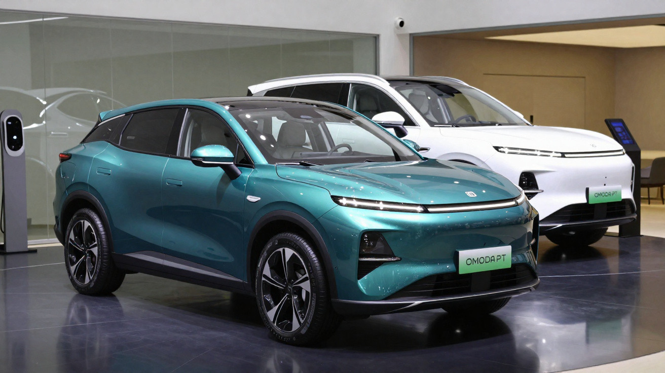 Two electric Omoda PT SUVs, one teal and one white, displayed indoors with sleek modern design.
