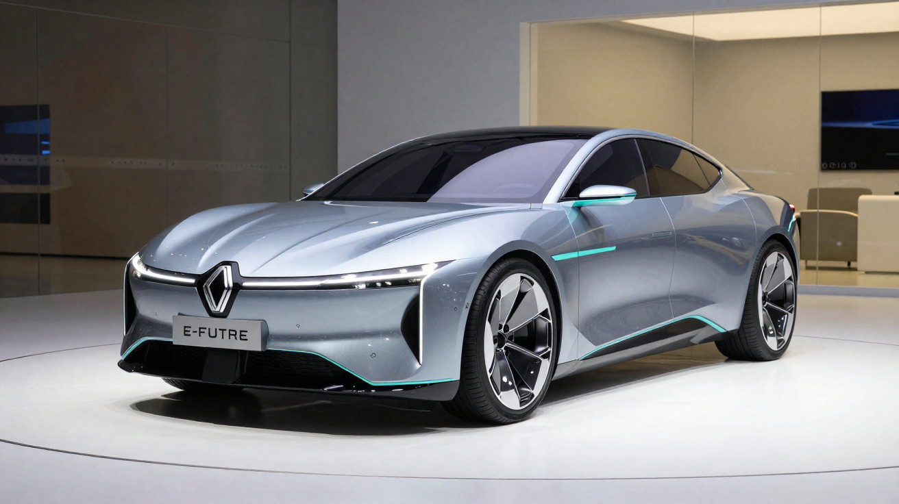 Silver Renault E-Futre electric concept car displayed in a showroom with sleek, modern design features.