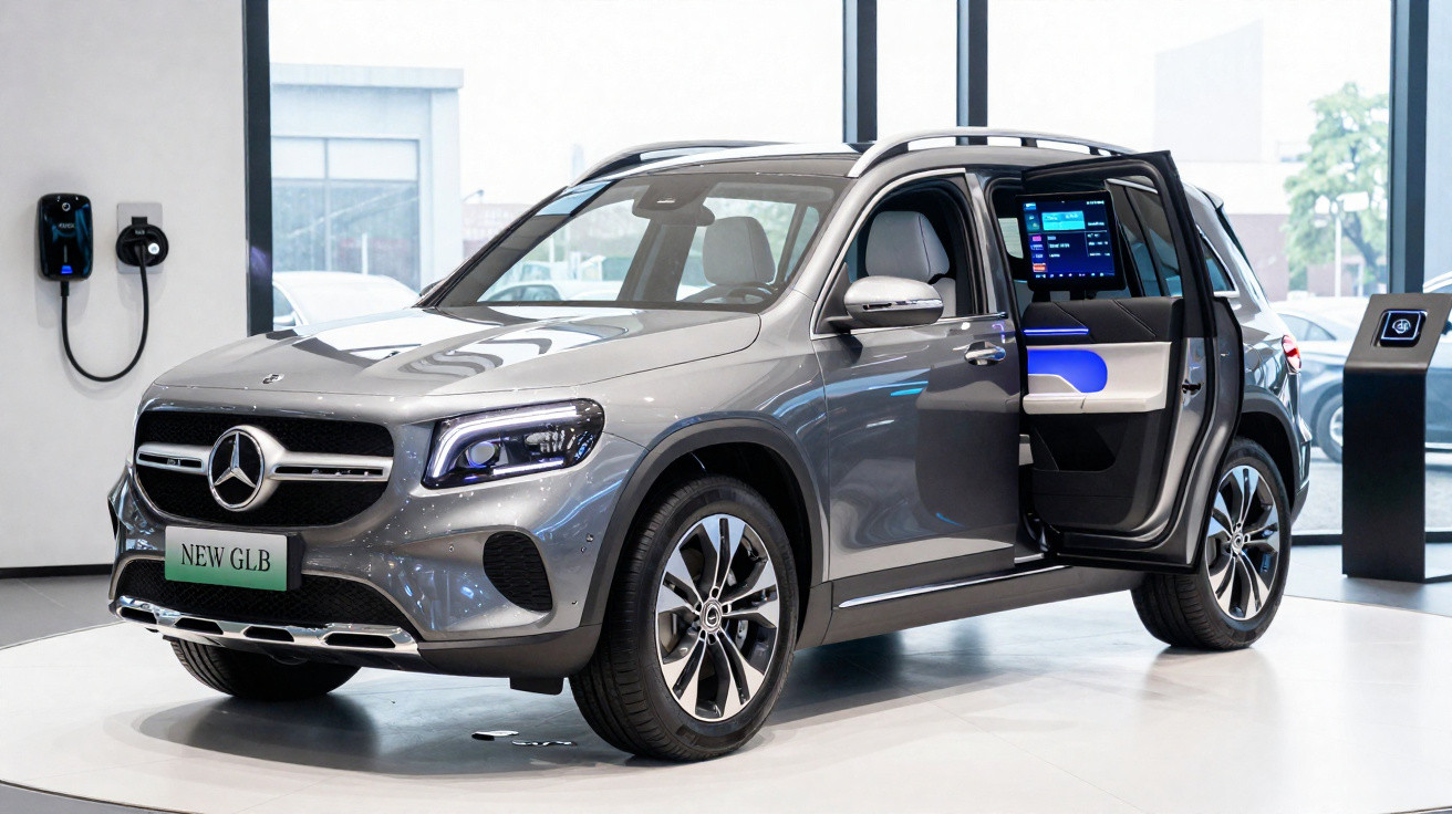 Silver Mercedes-Benz New GLB SUV on display with driver's side rear door open and digital screen visible inside.