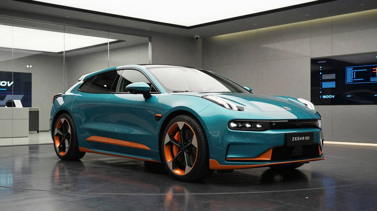 Teal electric Zeekr 001 car with orange accents displayed indoors on a glossy floor.