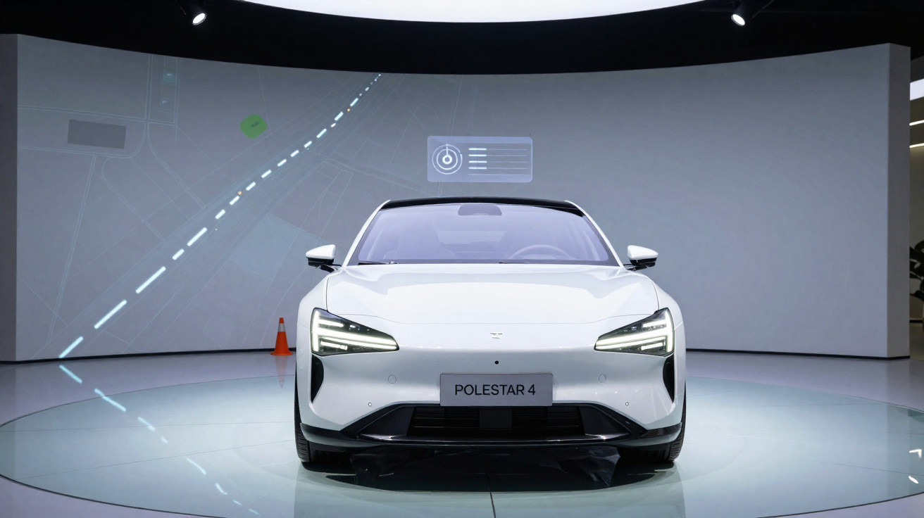 White Polestar 4 electric car on display with digital navigation interface projected behind it.