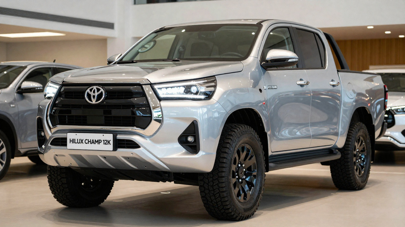Silver Toyota Hilux Champ 12K pickup truck displayed indoors with black grille and off-road tyres.
