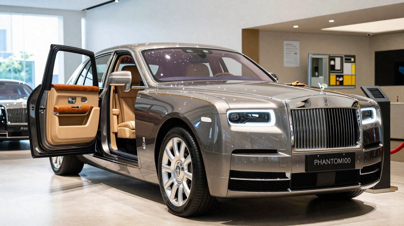 Silver Rolls-Royce Phantom with open rear-hinged door, displayed in a modern showroom.