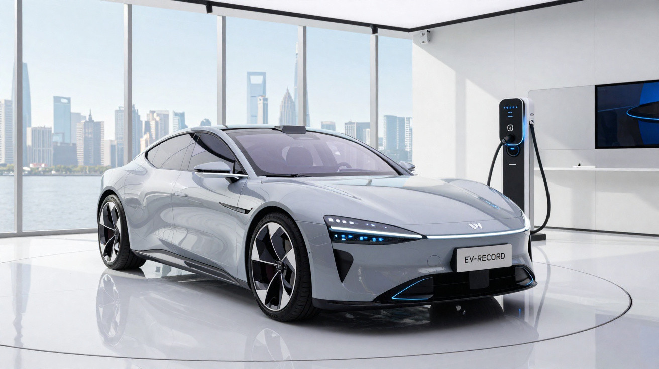 Silver electric sports car charging inside a modern showroom with city skyline visible through large windows.