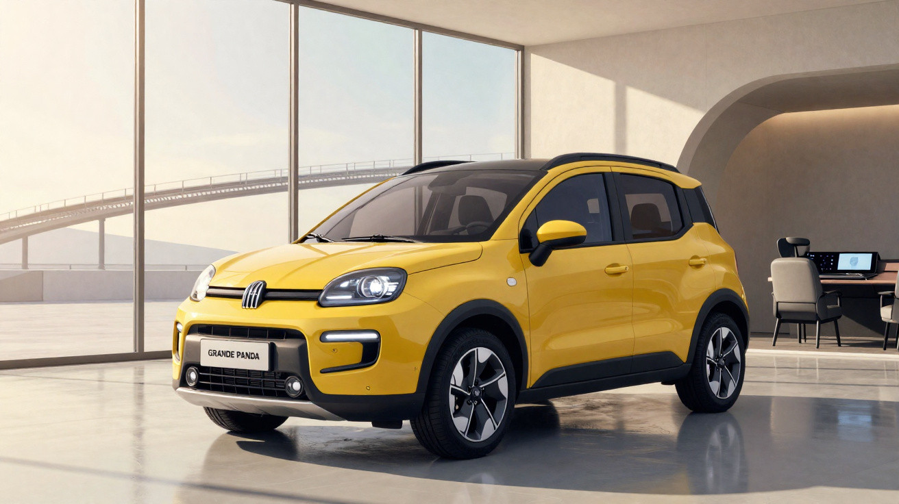 Yellow Fiat Grande Panda city car parked inside a modern spacious showroom with large windows and office furniture.