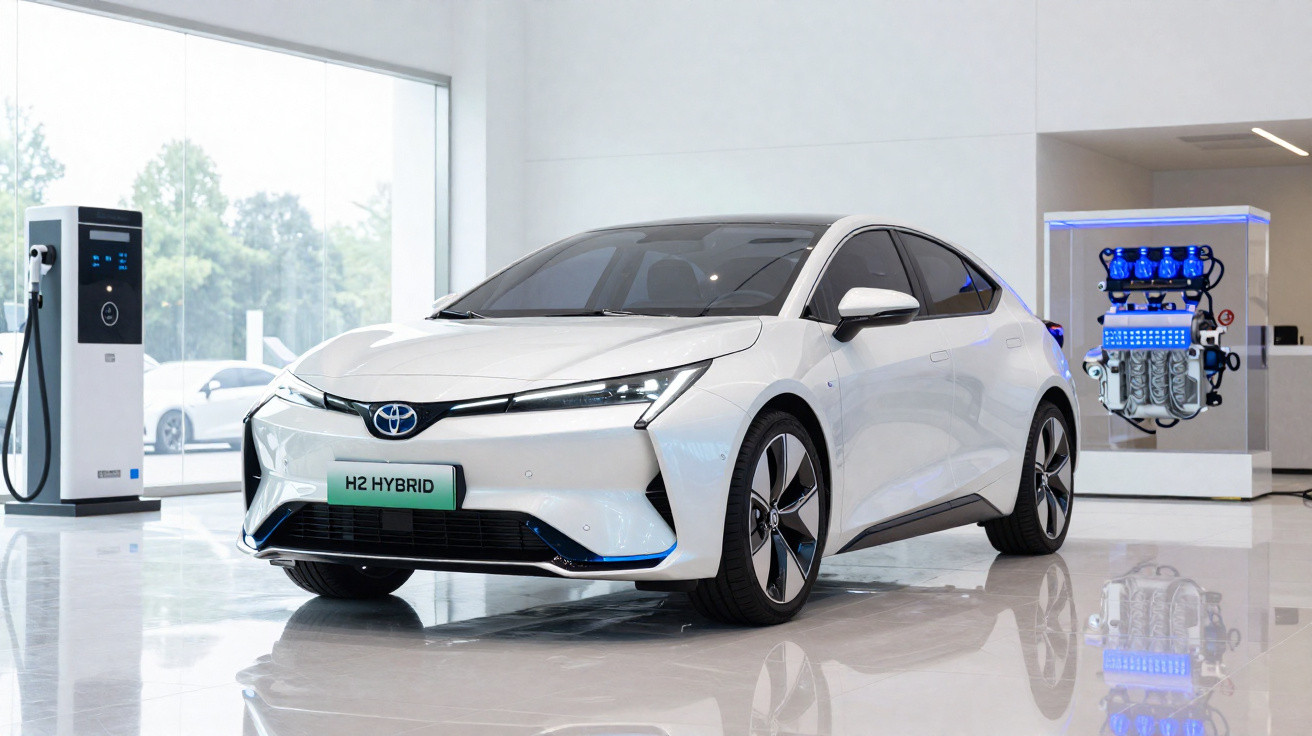 White Toyota H2 Hybrid car displayed indoors near a charging station and hydrogen fuel system model.