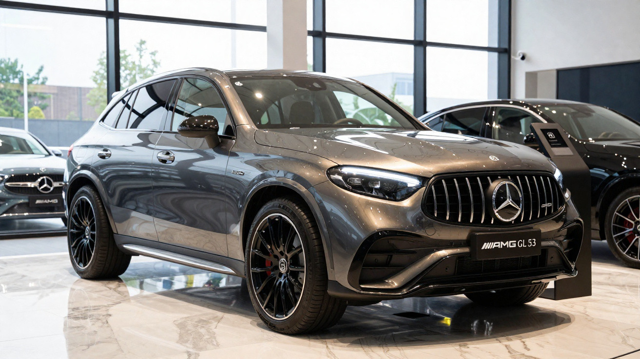 Grey Mercedes-AMG GL 53 SUV displayed in a showroom with black wheels and panoramic sunroof.