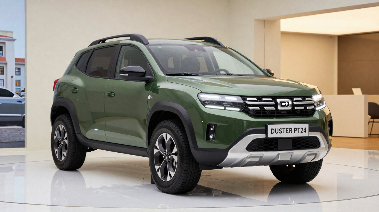 Green Dacia Duster PT24 compact SUV displayed indoors on glossy white floor.