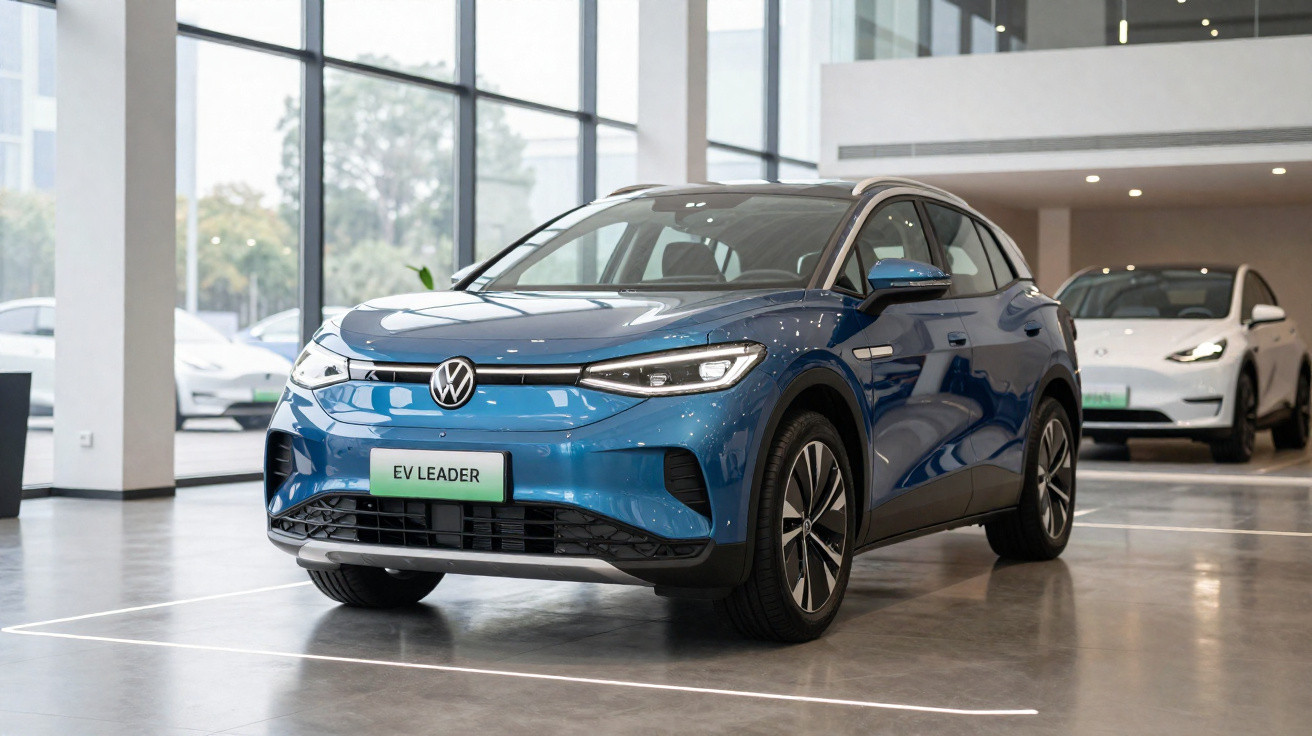 Blue Volkswagen electric SUV parked inside a modern showroom with large windows and polished floors.