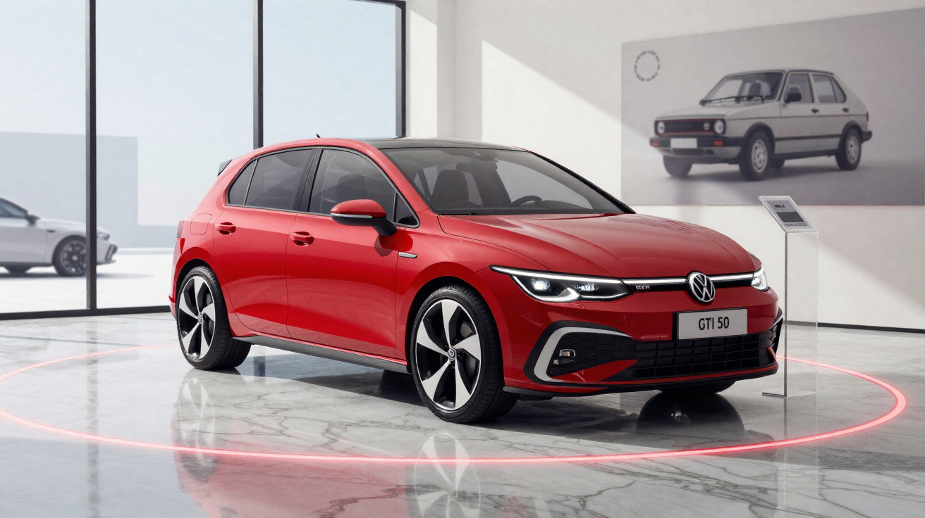 Red Volkswagen GTI 50 hatchback displayed in a modern showroom with a vintage GTI photo in the background.