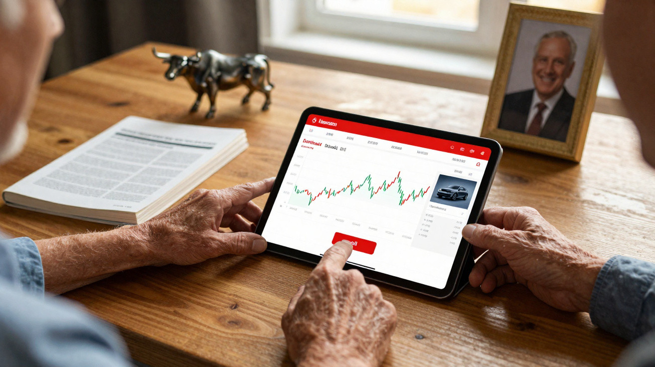 Elderly person using tablet displaying stock market graph on wooden table with book, bull figurine, and framed photo.
