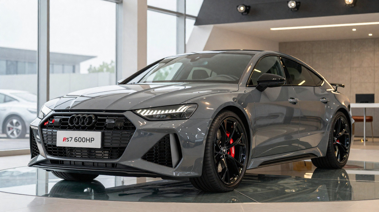 Grey Audi RS7 with black wheels and red brake calipers displayed indoors in a showroom.