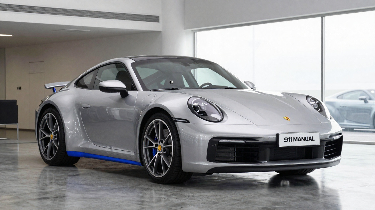 Silver Porsche 911 sports car with blue accents parked inside a showroom with large glass windows.
