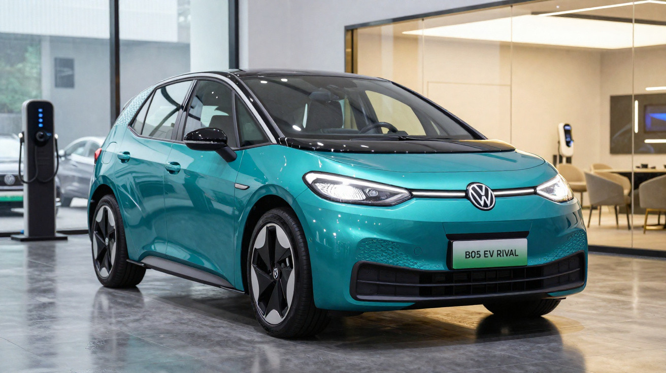 Teal Volkswagen electric hatchback parked indoors near a charging station with modern office space in background.