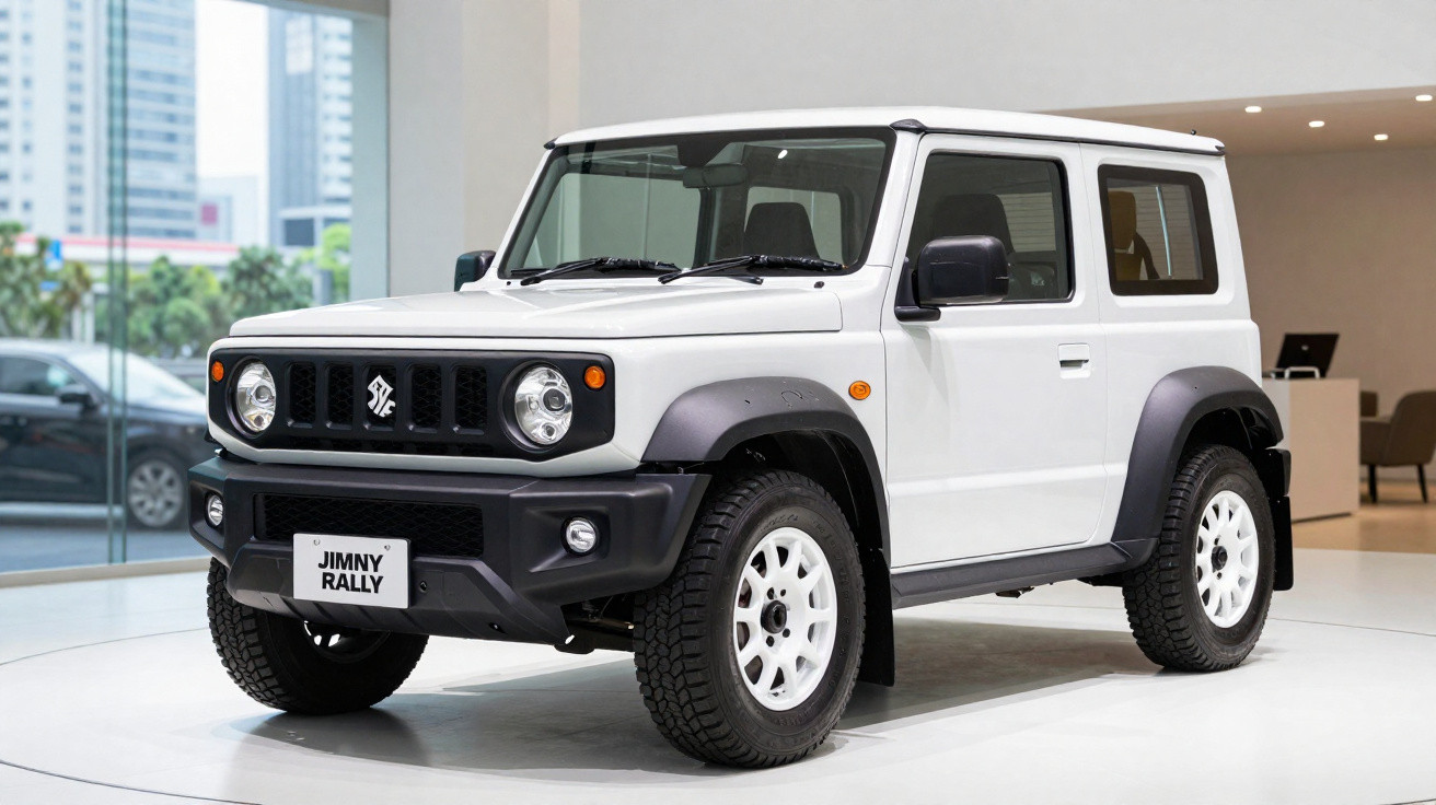 White Suzuki Jimny Rally compact off-road SUV displayed in a showroom with cityscape visible outside.