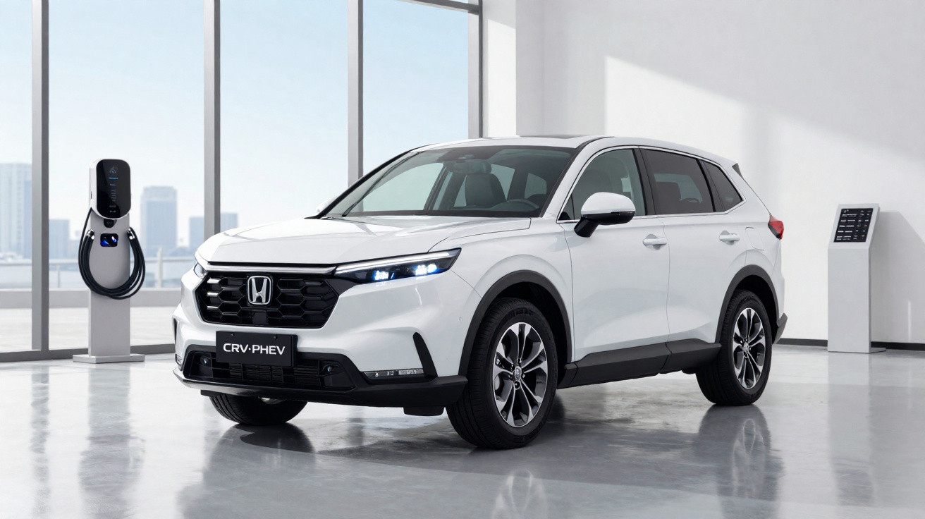 White Honda CR-V plug-in hybrid electric vehicle parked indoors near a charging station and digital display.