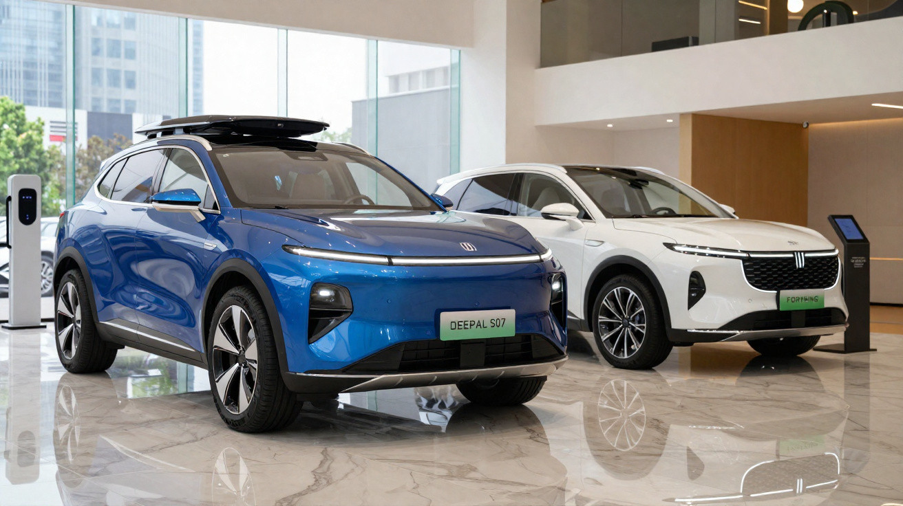 Two electric SUVs, a blue Deepal S07 and a white model, displayed in a modern showroom interior.