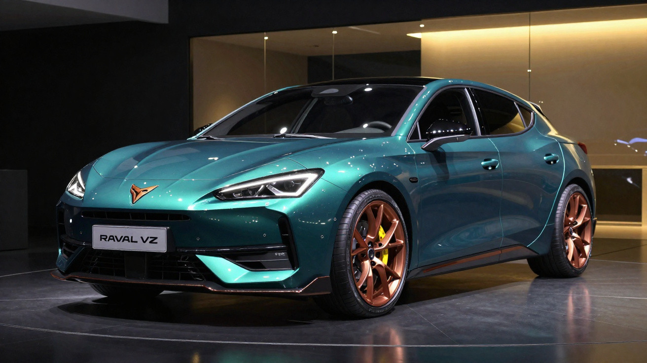 Green Cupra Raval VZ car with bronze alloy wheels on display indoors under bright lights.