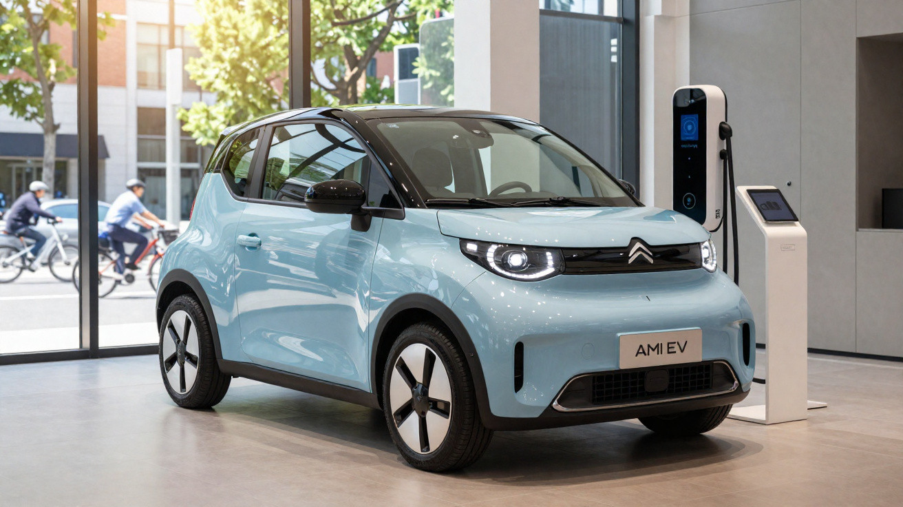 Light blue Citroën Ami EV electric car parked indoors next to a charging station with cyclists outside.