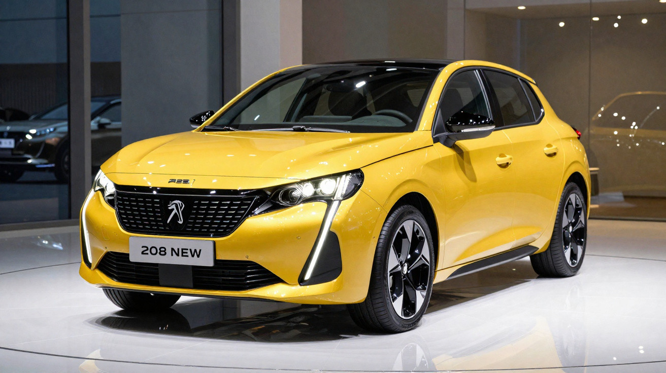 Yellow Peugeot 208 New hatchback car displayed in a showroom with glossy black and silver alloy wheels.