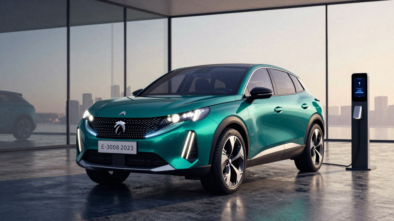 Green Peugeot E-3008 2023 electric SUV charging indoors beside a large window with cityscape view.