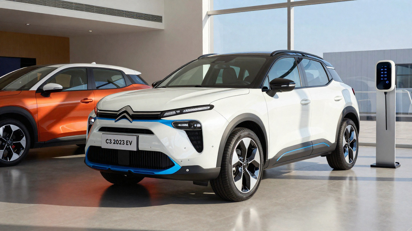 White Citroën C3 2023 electric SUV parked indoors near a charging station with an orange car in the background