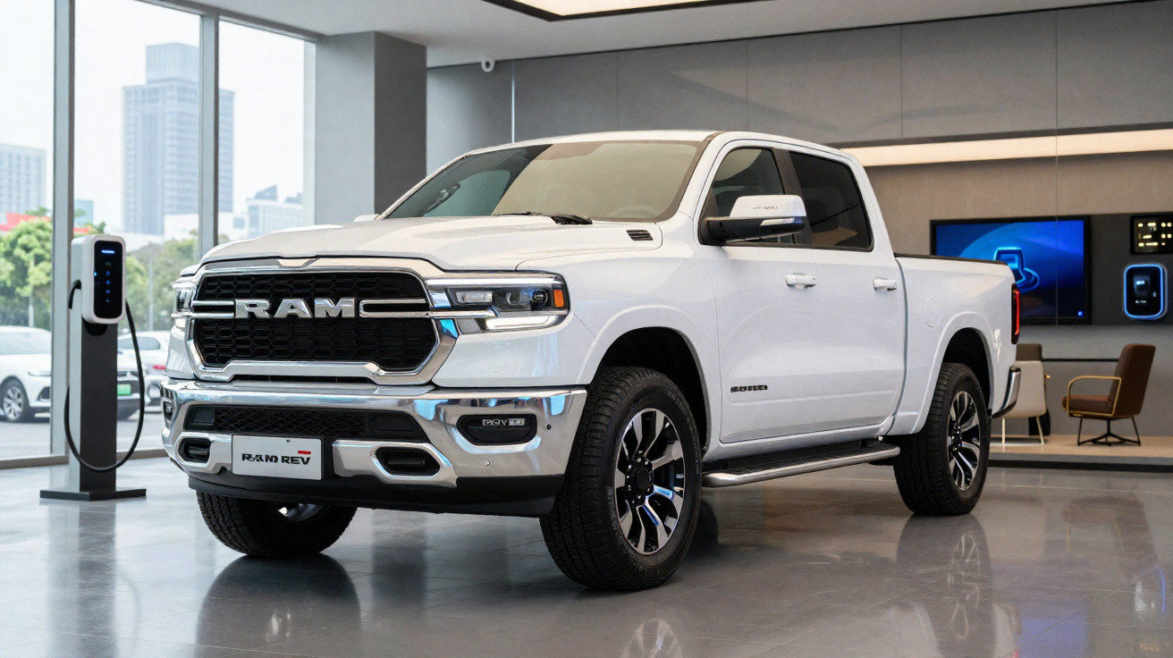 White RAM REV electric pickup truck displayed indoors near a charging station with city buildings visible outside.