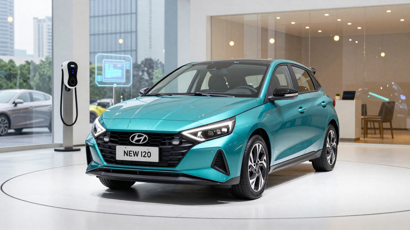 Teal Hyundai i20 hatchback displayed indoors near an electric vehicle charging station.