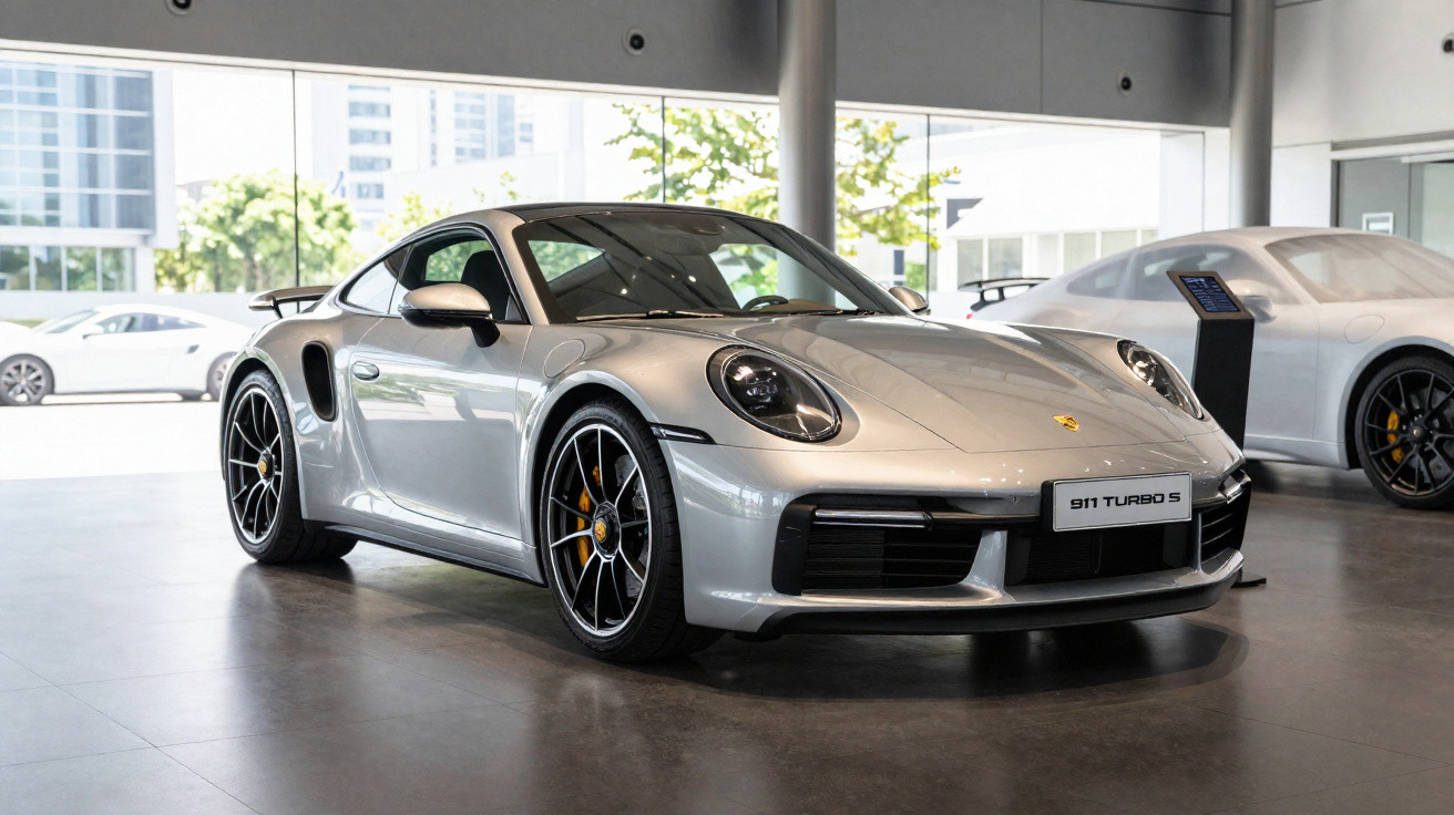 Silver Porsche 911 Turbo S sports car displayed indoors with sleek design and black alloy wheels.