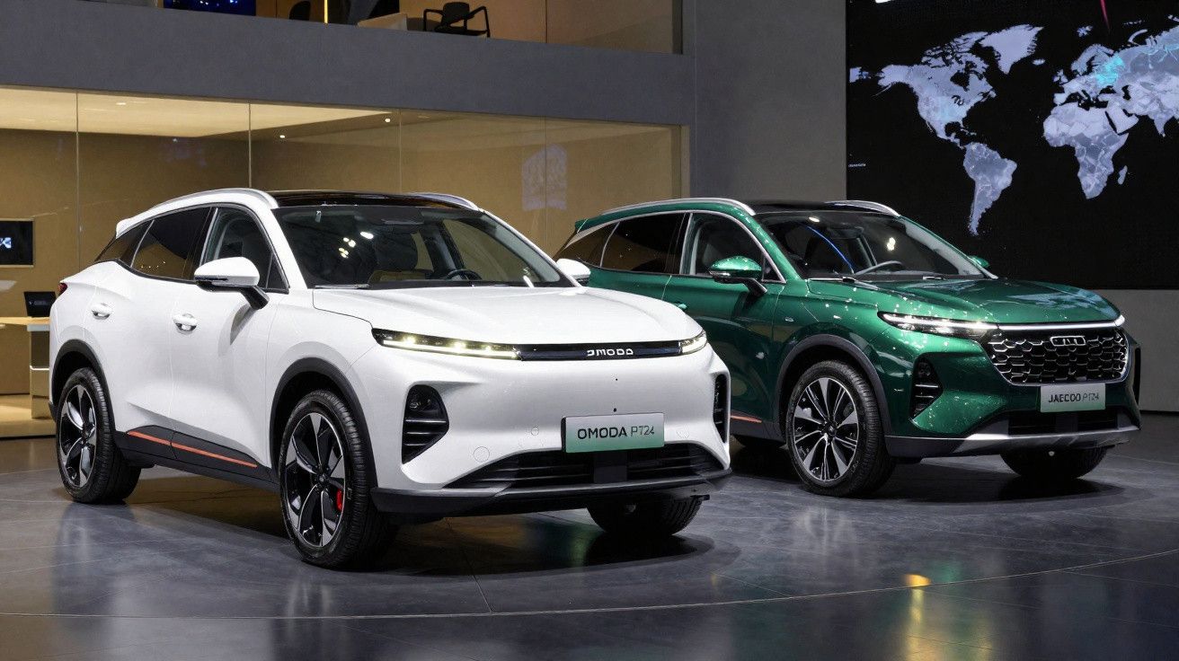 Two modern SUVs, one white and one green, displayed indoors with bright lighting and a world map on the wall.