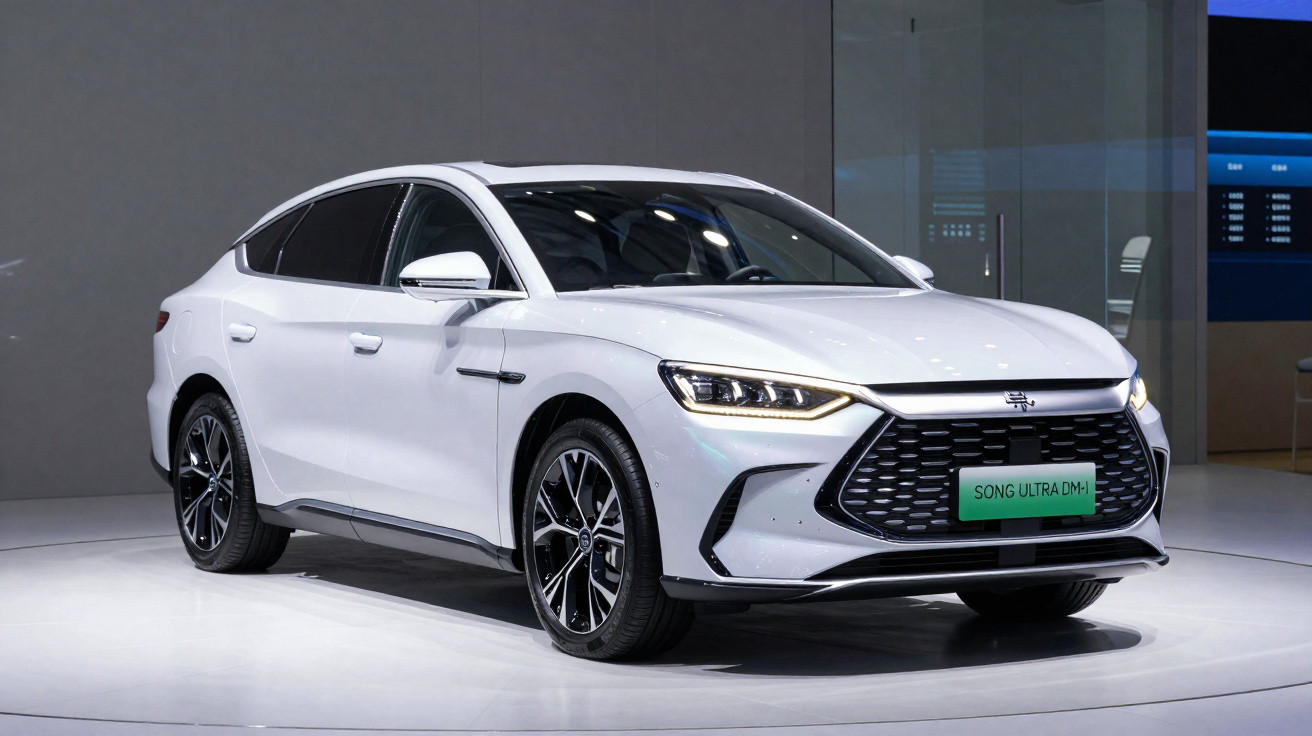 White BYD Song Ultra DM-i hybrid sedan on display with sleek design and modern headlights.