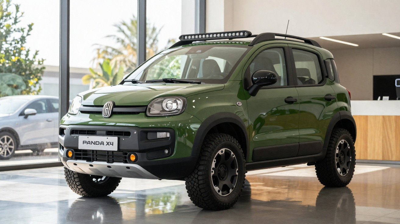 Green Fiat Panda 4x4 SUV with off-road tires and roof light bar displayed indoors by large windows.