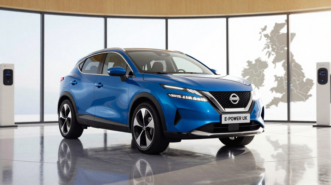 Blue Nissan electric SUV displayed in a modern showroom with UK map and charging stations in the background.