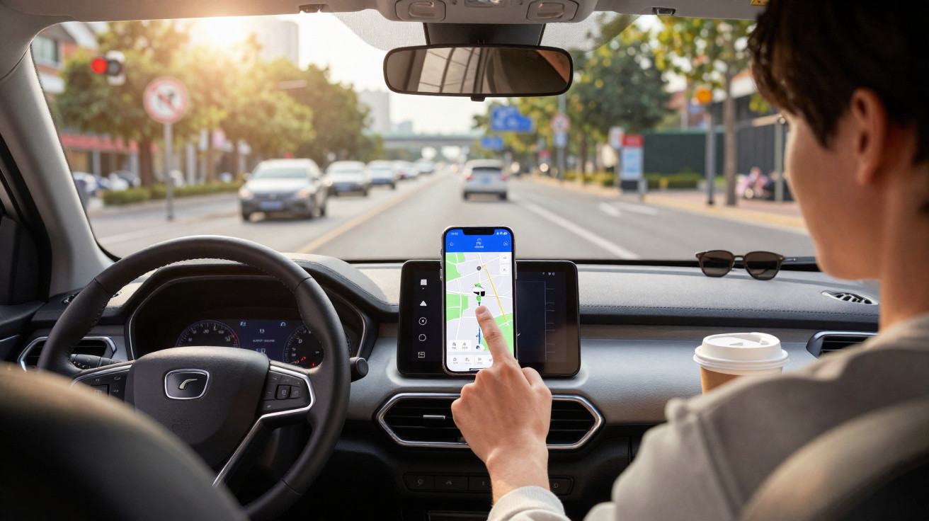 Person using a smartphone navigation app mounted on a car dashboard while driving on a city street in daylight.