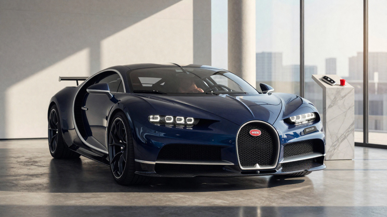 Dark blue Bugatti Chiron sports car displayed indoors with large windows and a pedestal holding a remote control.