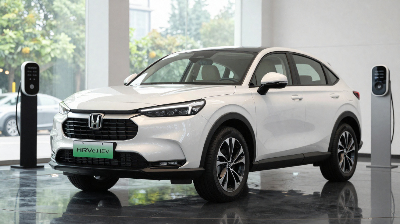White Honda HR-V e:HEV hybrid SUV displayed indoors between two electric charging stations.